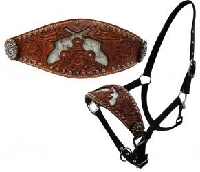 Showman nylon bronc halter with cut out hair on cowhide dueling guns