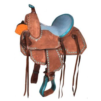 10" Double T Youth Barrel style saddle with turquoise seat