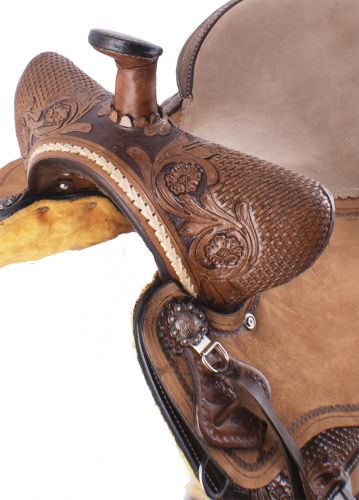 15" Double T Basket weave and Floral Tooled Barrel Style Saddle #2