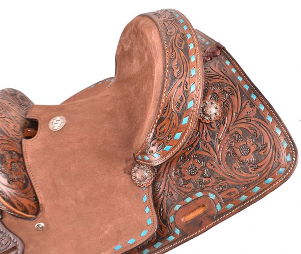 12" Double T Youth hard seat barrel style saddle with turquoise buckstitch trim #2