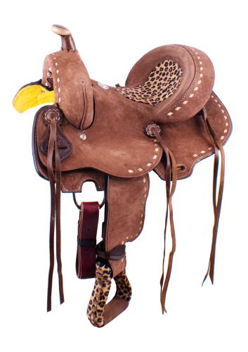 12" Double T Youth Hard Seat Barrel style saddle with Cheetah inlay Seat