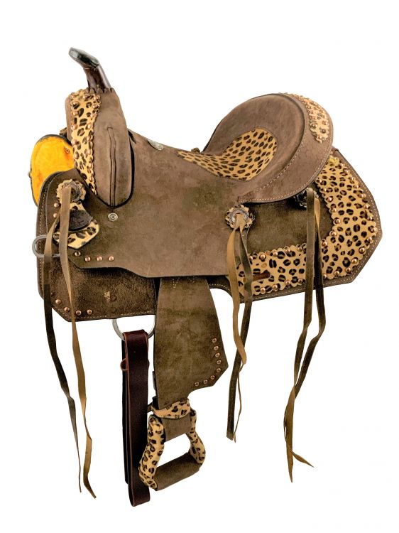 14", 15", 16" Double T Hard Seat Barrel style saddle with Cheetah Seat