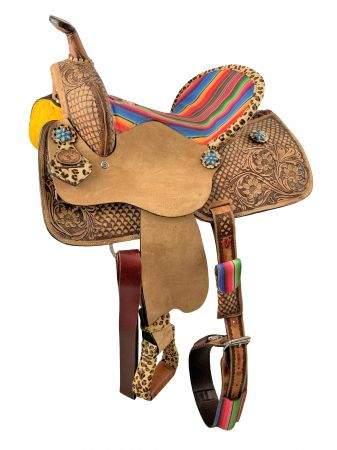 15" Double T Barrel style western saddle with Serape &amp; Cheetah Accents