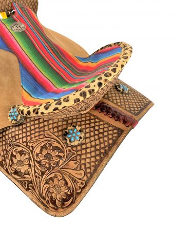 15" Double T Barrel style western saddle with Serape &amp; Cheetah Accents #2