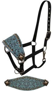 Showman FULL SIZE Adjustable bronc style halter with filigree print accented with copper colored small studs and engraved conchos