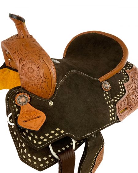 15" Double T Brown Suede Barrel Saddle With Floral Tooling and White Buckstitching #2