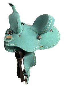 10" Double T Barrel style saddle with Teal Rough out leather