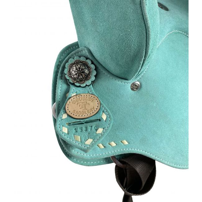 10" Double T Barrel style saddle with Teal Rough out leather #2
