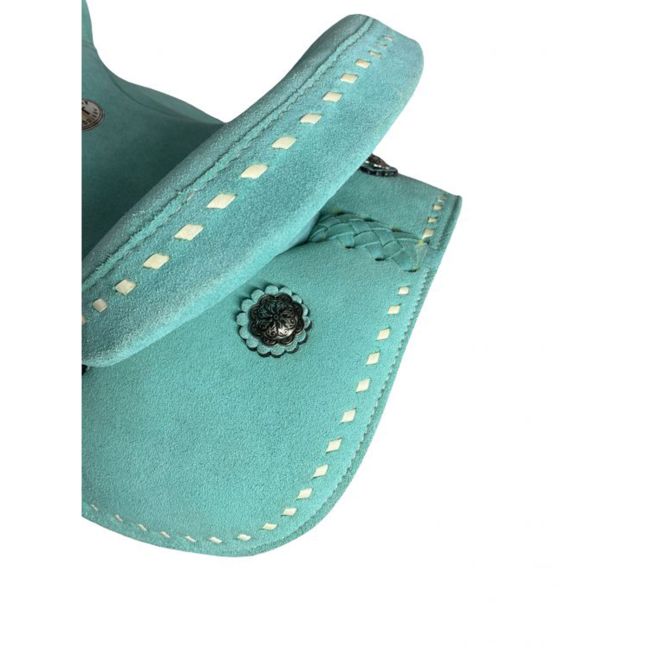 10" Double T Barrel style saddle with Teal Rough out leather #3