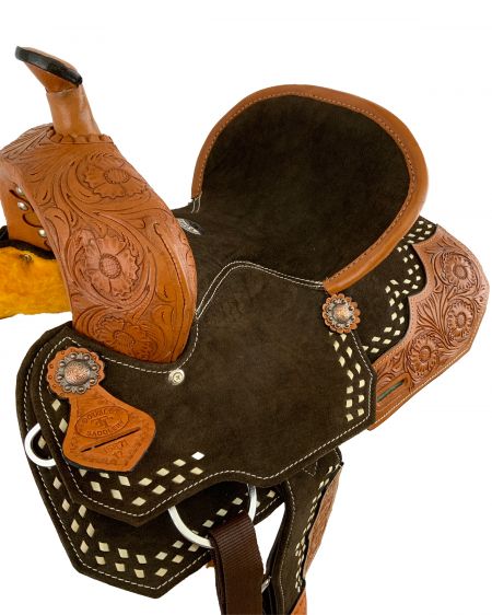 12" Double T Youth Brown Suede Barrel Saddle With Floral Tooling and White Buckstitching #2