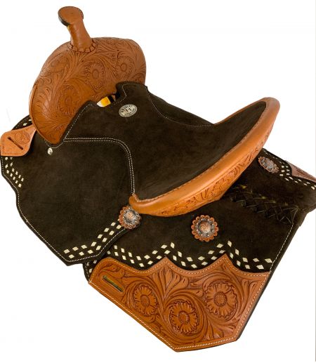 15" Double T Brown Suede Barrel Saddle With Floral Tooling and White Buckstitching #3