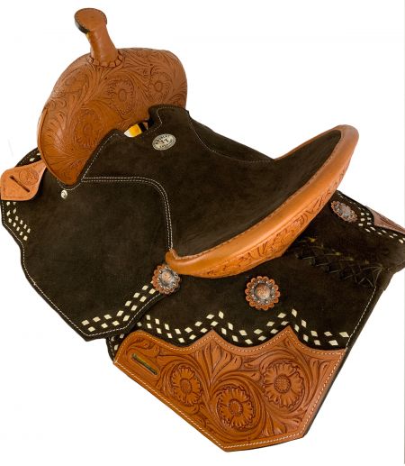 15" Double T Brown Suede Barrel Saddle With Floral Tooling and White Buckstitching #3