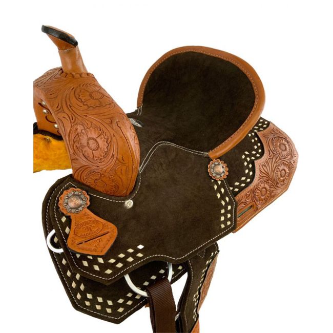Double T Youth Brown Suede Barrel Saddle with Floral Tooling - 12 Inch #2
