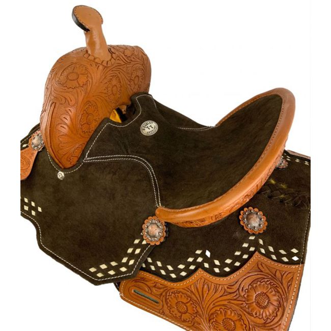 Double T Youth Brown Suede Barrel Saddle with Floral Tooling - 12 Inch #3