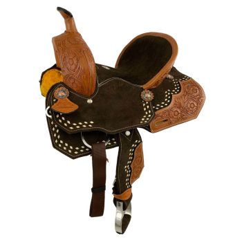 Double T Youth Brown Suede Barrel Saddle with Floral Tooling - 12 Inch