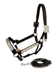 Showman  Horse Size double stitched leather show halter with floral engraved silver plates