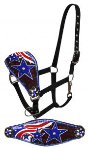 Showman FULL SIZE Leather bronc halter with painted American flag design