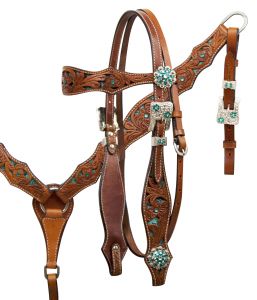 Showman Teal snake headstall and breast collar set with crystal rhinestones