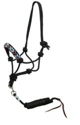 Showman Beaded nose cowboy knot rope halter with 7' lead - Black, teal, and white