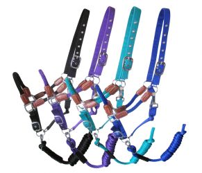Showman Nylon halter with leather accents and rope nose with removeable lead