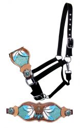 Showman FULL SIZE Leather bronc halter with teal dreamcatcher design