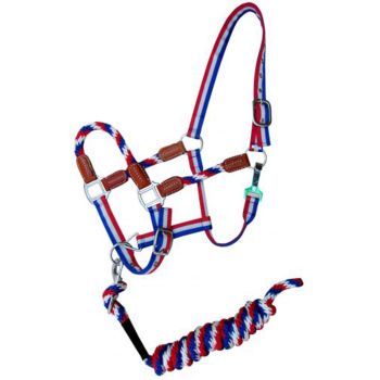 Showman Red, White, and Blue nylon halter with leather accents
