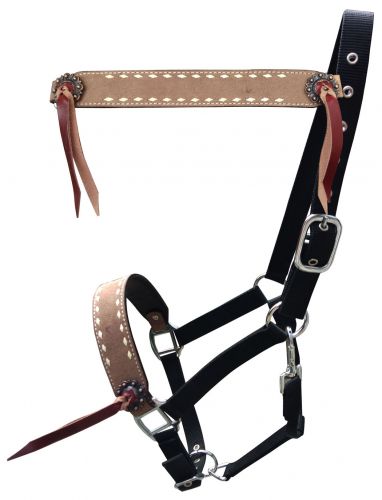 Showman Roughout leather nylon halter with buckstitch trim