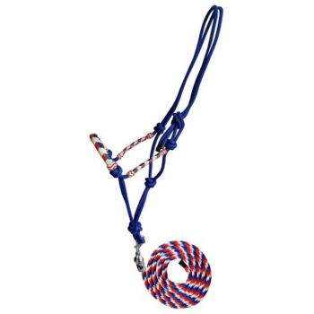 Showman Horse Size Red, White, and Blue Rawhide cowboy knot halter with matching removable lead