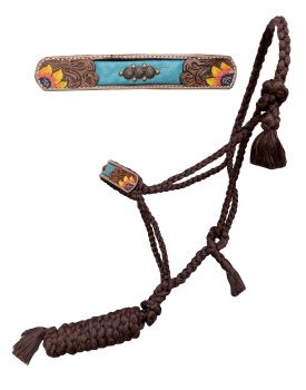 Showman Woven brown nylon mule tape halter with hand painted sunflower accent with teal inlay and copper beads on the noseband