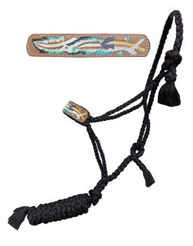 Showman Woven black nylon mule tape halter with hand painted arrow and feather accent on leather noseband