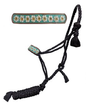 Showman Woven black nylon mule tape halter with hand painted flower accent with teal inlay on the noseband