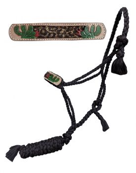 Showman Woven black nylon mule tape halter with hand painted cactus accent with glitter cheetah inlay on the noseband