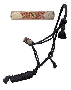 Showman Woven black nylon mule tape halter with hand painted flower accent on glitter inlay snakeskin noseband