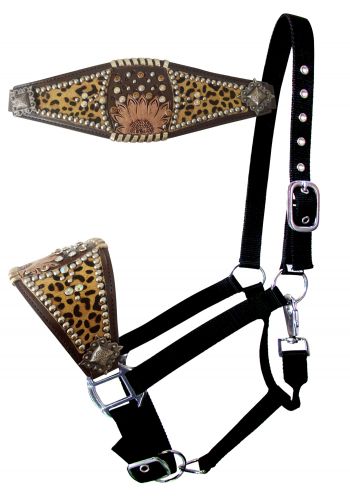 Showman Nylon bronc halter with cheetah hair inlay and sunflower accent