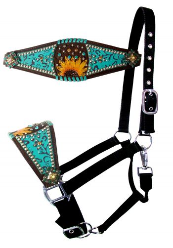 Showman Nylon bronc halter with teal inlay and painted sunflower accent