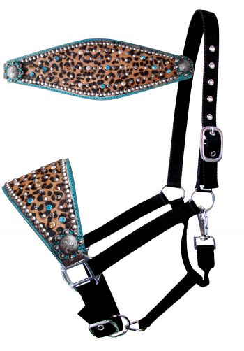 Showman Nylon bronc halter with hair on cheetah print and turquoise leather accent