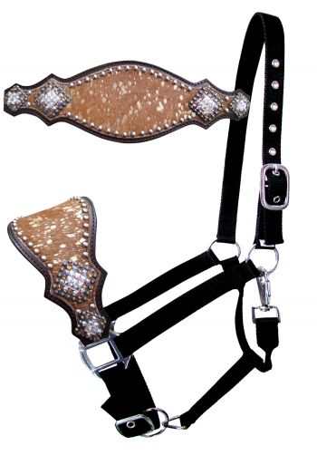 Showman Nylon bronc halter with hair on cowhide and silver bead accent