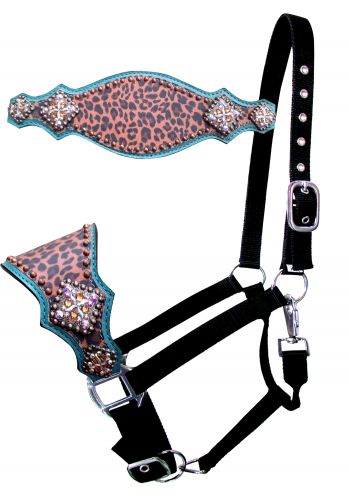 Showman Nylon bronc halter with cheetah print and turquoise leather accent