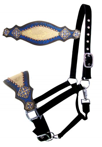 Showman Nylon bronc halter with royal blue and gold metallic inlay