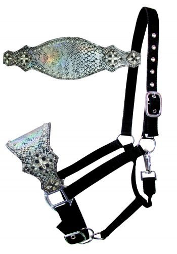 Showman Nylon bronc halter with snakeskin overlay and silver bead accent