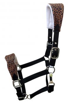 Showman  Adjustable black nylon bronc halter with a padded cheetah noseband and crown
