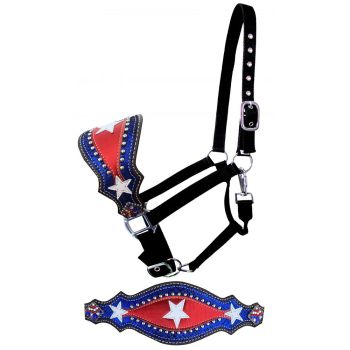 Showman Nylon bronc halter with white stars on blue snake skin inlay with bling concho accents