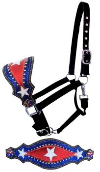 Showman Nylon bronc halter with white stars on blue snake skin inlay with bling concho accents
