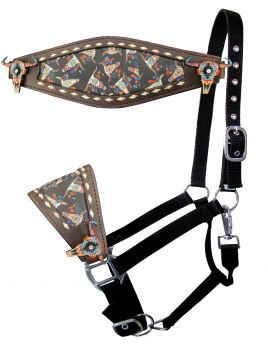 Showman Nylon bronc halter with painted southwest design cowskull