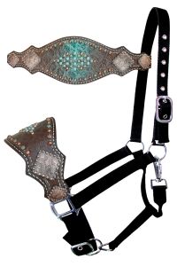 Showman Nylon bronc halter with brown/turquoise gator skin noseband