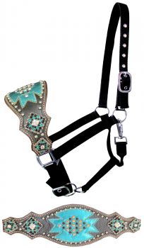 Showman Nylon bronc halter with gray leather noseband &amp; teal accents and bling conchos
