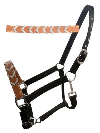 Showman Nylon halter with hair on cowhide lacing on leather noseband