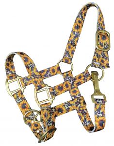 Showman Premium sunflower & cheetah print nylon halter with brass hardware. PONY SIZE