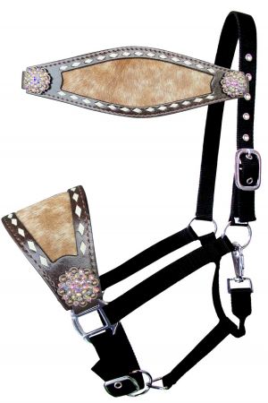 Showman Nylon bronc halter with hair on cowhide with flower concho accents