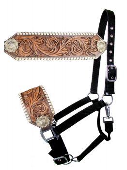 Showman  Adjustable nylon bronc halter with tooled floral noseband